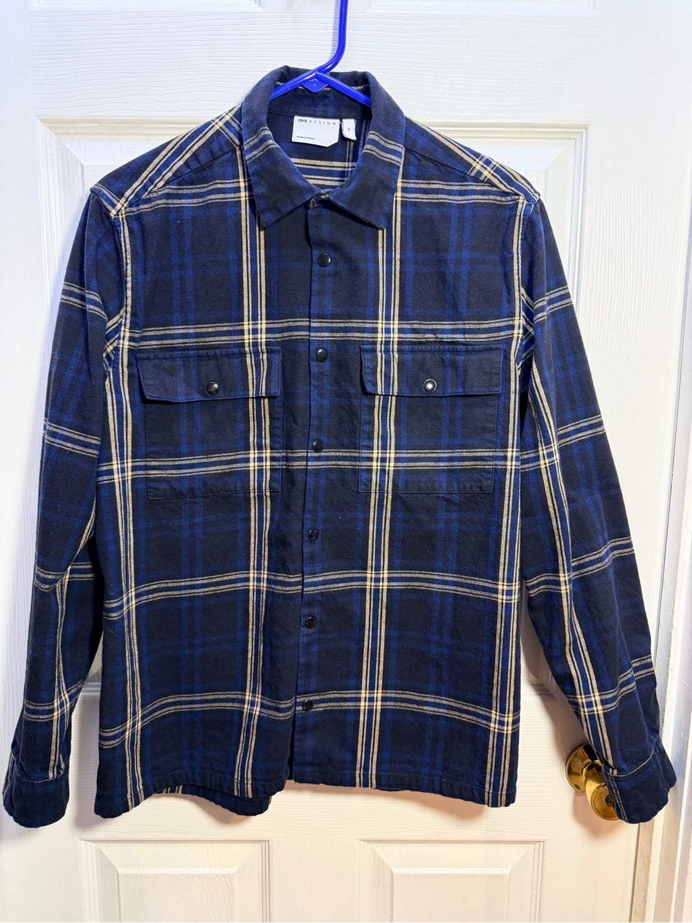 ASOS Navy Blue Plaid Button-Down Shirt with Tan Stripes